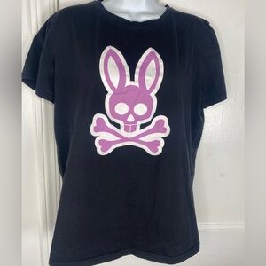 Psycho Bunny Women’s Black Tee with Purple Bunny Skull Graphic